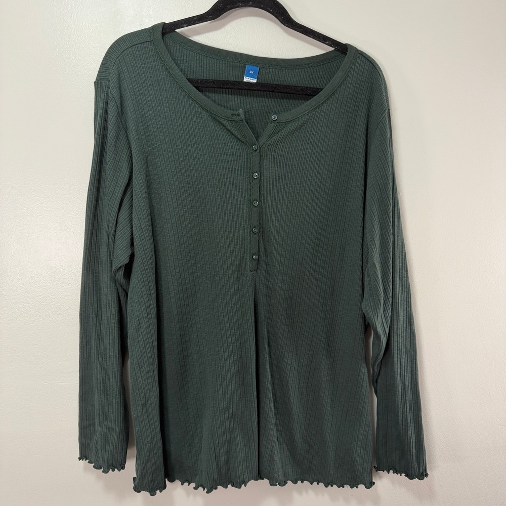 Old Navy Womens 3X Green Ribbed Henley Long Sleeve Lettuce Edge Top Y2K Comfy